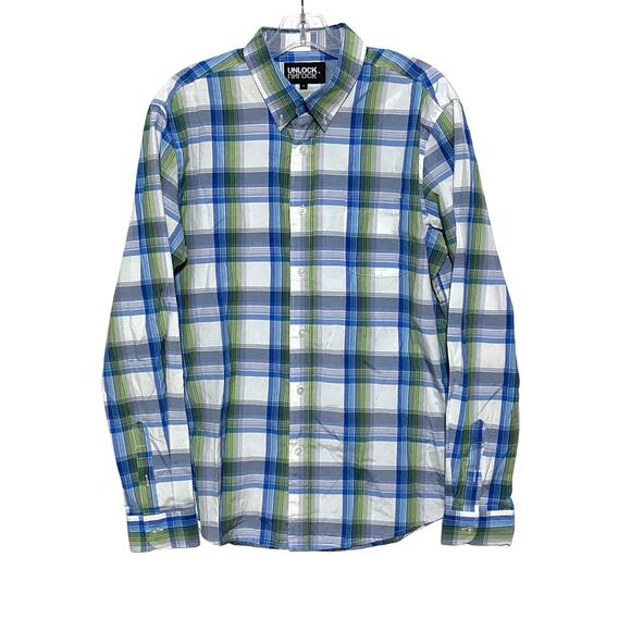 Unlock Other - Unlock Blue Green White Plaid Button Down Long Sleeve Shirt Mens Large L